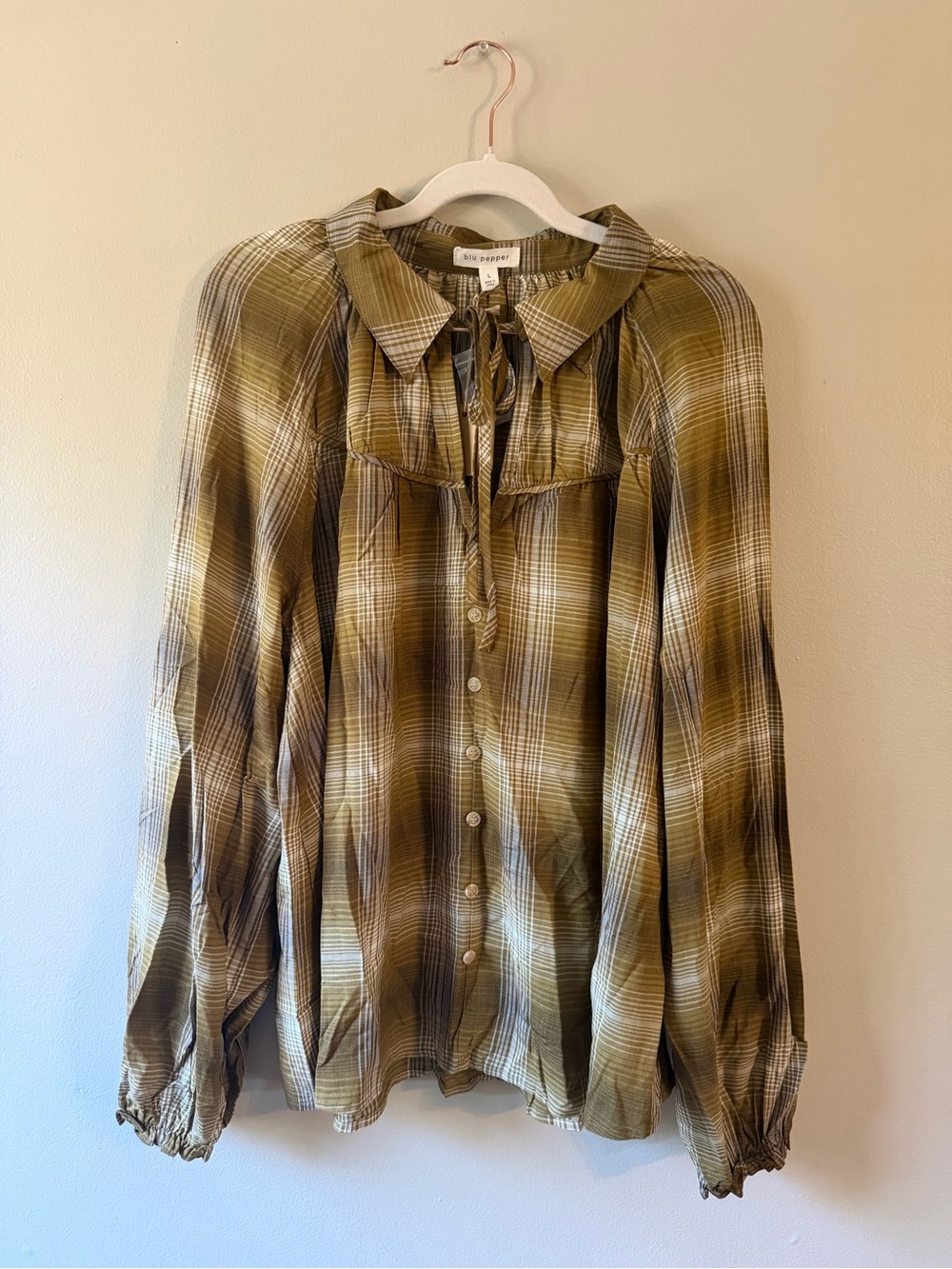 Blu Pepper Olive Plaid Tie-Neck Button Down Shirt